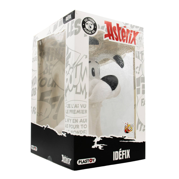 Seitliche Ansicht der Idefix Figur von Plastoy in der Originalverpackung mit Asterix-Logo und Comic-Motiven.